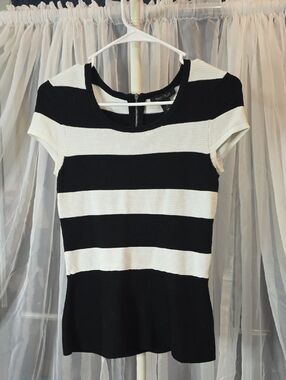 #248 White House Black Market Black and White Striped Short Sleeve Knit Top
